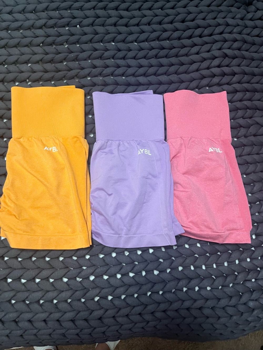 AYBL High-Waist Athletic Shorts Trio - Orange, Lavender, Pink